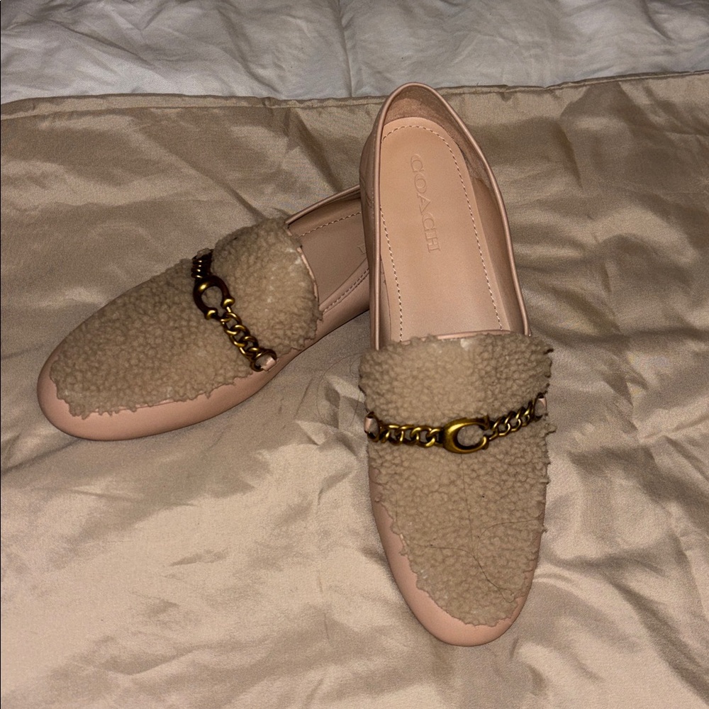 Coach Taupe Loafers with Gold Chain Accent